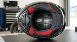 A close-up showing the multi-density EPS impact liner and dual-layer foam structure inside a professional track helmet.