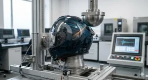 A photorealistic technical cross-section of a motorcycle helmet showing the high-density EPS crush zone and soft dispersion layers for energy management.