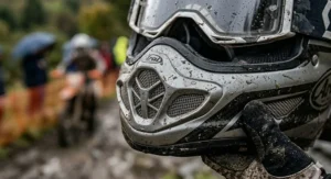 Detailed illustration of the chin bar and forehead ventilation ports on an ACU Silver off-road helmet to prevent overheating during green-laning.