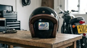 An open-face motorcycle helmet featuring an ACU Silver sticker, commonly used for road touring in the UK.