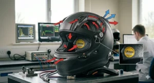 A technical schematic illustration integrated onto a Snell certified carbon fibre helmet showing the internal airflow and ventilation channels for driver cooling.