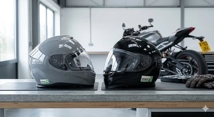 A side-by-side comparison of two full-face motorcycle helmets on a workshop bench, showing the SHARP 4-star and 5-star safety rating stickers in a UK setting. SHARP 4 star vs 5 star helmet difference