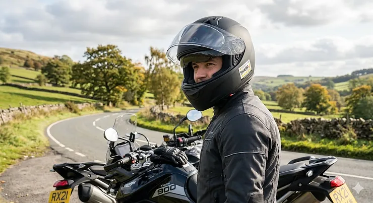 A premium SHARP 5 star rated motorcycle helmet in a matte finish with the internal sun visor engaged, positioned against a scenic British countryside background with dry stone walls. SHARP 5 star helmet with sun visor