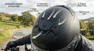 An overhead diagram showing the airflow path through the crown vents and exhaust ports of the helmet, designed to prevent misting in damp British weather.
