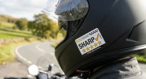 Close-up of the official 5-star SHARP safety rating sticker on the side of a matte black crash helmet, ensuring high-level protection for UK riders.