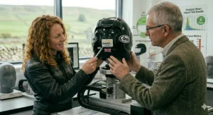 A British safety expert and engineer in a laboratory setting comparing the protection levels of a 5-star SHARP tested helmet against the UK legal minimum standards.