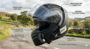 A technical cross-section illustration showing the multi-density EPS liner and fibreglass shell that contribute to the helmet's 5-star SHARP safety rating.
