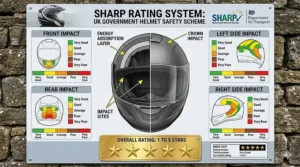 Alt text for image 3: An informative infographic explaining the UK Government’s SHARP rating system and how it measures impact protection across different helmet zones.