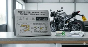 A professional workshop display board explaining the UK SHARP motorcycle helmet safety rating system and the 1 to 5-star scale.