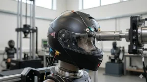 Highly detailed close-up illustration of the specific SHARP impact test points on a matte black modular motorcycle helmet, showing sensors and impact locations to determine safety levels.