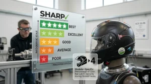 A photorealistic infographic explaining the SHARP 1 to 5 star rating scale for modular helmets, including a section detailing the specific percentage of chin bar latch security during tests.