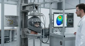 A technical illustration showing a transparent headform and a monitor displaying the specific impact zones tested during the SHARP certification process.