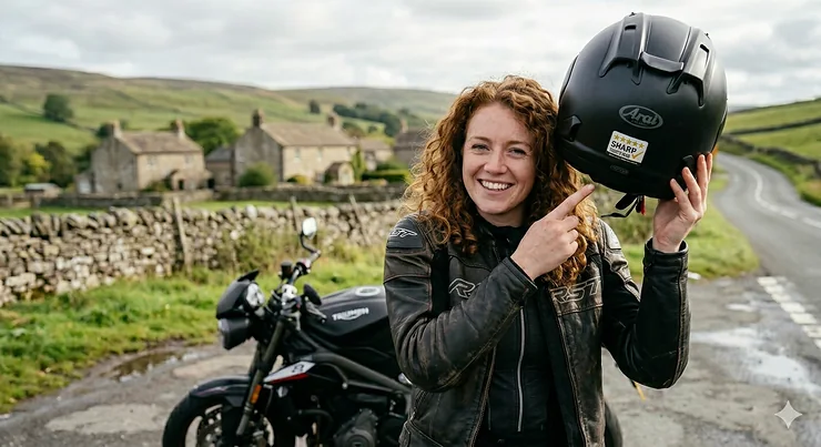 A photorealistic hero image of a smiling British rider with curly auburn hair removing her 5-star SHARP tested full face helmet, set against a background of a winding Yorkshire road and a stone village. SHARP tested full face helmets