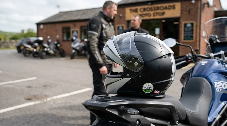 High-quality, candid photograph of a black and silver modular motorcycle helmet with an official SHARP safety rating sticker, resting on a motorbike at a UK biker cafe. SHARP tested modular helmets