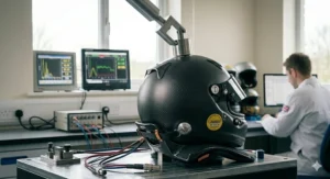 A detailed close-up view of the side of a Snell certified helmet showing the factory-installed HANS device post anchors and the SA2020 safety decal.