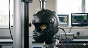 A photorealistic depiction of a matte black carbon fibre Snell certified racing helmet undergoing laboratory impact testing with professional monitoring equipment.