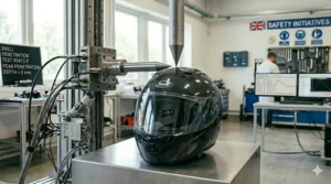 Illustration of the Snell penetration test, where a 3kg pointed striker is dropped onto the helmet shell to ensure it cannot be pierced by sharp objects.