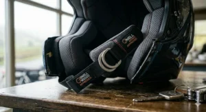A clear close-up of the rear of a motorbike helmet displaying the orange Snell M2020 and blue ACU Gold stickers required for UK track use.