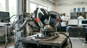 Diagram explaining the Snell M2020 testing requirement where a motorcycle helmet must withstand two consecutive impacts at the same location on the shell.