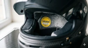 Close-up view inside a high-performance racing helmet showing the official yellow Snell SA2020 certification label attached to the protective liner.