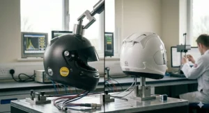 A photorealistic split-screen comparison showing a Snell certified carbon fibre helmet alongside a standard white ECE helmet within a specialised testing facility.