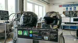 Infographic explaining UK road legality for helmets, noting that ECE 22.06 is the mandatory standard while Snell is a voluntary third-party certification.