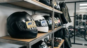 A row of premium helmets in a British motorcycle kit shop, displaying prominent ACU approval markings for shoppers.