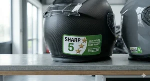 A close-up of the official green SHARP 5-star safety sticker on the rear of a helmet, featuring the British Standard BS EN 13087-1 reference.