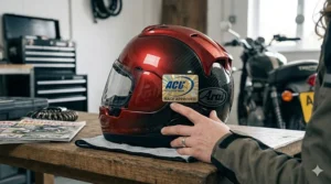 Wide shot showing the typical placement of the ACU Gold sticker on the rear or side of a racing-specification helmet.