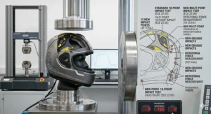 Close-up of the ACU Gold sticker on a motorcycle helmet, denoting it is approved for racing on British tracks.