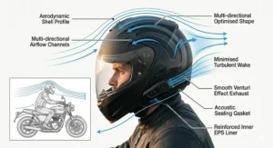 Diagram showing the aerodynamic airflow over a full-face motorbike helmet shell designed to reduce wind noise during motorway riding.