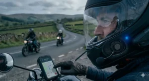 Two motorcyclists on a weekend ride in the Yorkshire Dales chatting via their bluetooth ready full face helmets.