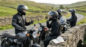 Illustration of a group of UK bikers using mesh intercom technology while wearing Cardo-compatible helmets.