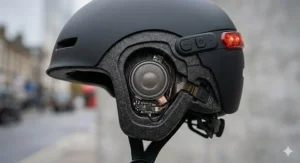 Close-up illustration of the internal speakers inside a bluetooth helmet for commuting, demonstrating how audio plays while keeping ears open to ambient UK traffic sounds.