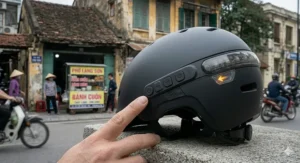 Infographic showing the safety crash detection system of a bluetooth helmet for commuting, highlighting how it sends an automatic SOS alert if an accident occurs.