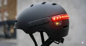 An illustration of a smartphone app interface connected to a bluetooth helmet for commuting, displaying GPS navigation routes and battery life indicators.