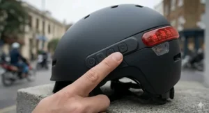 Illustration of a cyclist using the wind-resistant microphone on a bluetooth helmet for commuting to make a hands-free call during a breezy morning commute.