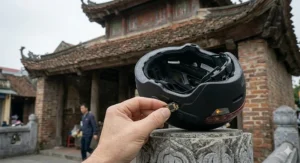 A waterproof bluetooth helmet for commuting shown withstanding heavy rain, illustrating the weather-sealed charging ports and buttons.