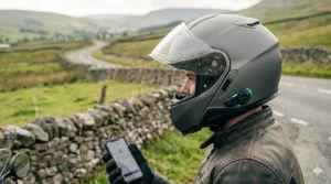 A 4K photorealistic photograph capturing a motorcyclist on a scenic British country road in the Yorkshire Dales, similar to watermarked_img_737141336321808109.png, with the distinctive matte grey modular helmet from previous images. The rider is looking towards the winding road, and the natural light from an overcast sky illuminates the scene. Crucially, a small, multi-colour LED indicator light near the helmet's control panel, referencing the integrated tech in image_8.png, is clearly flashing green and blue, signifying active Bluetooth pairing and connectivity. A gloved hand, holding a smartphone, is positioned in the foreground with a pairing confirmation message. All details, including the dry stone walls, are rendered in high definition.