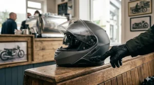 A photorealistic close-up of the integrated Bluetooth intercom controls on a modular helmet, consistent with the style of watermarked_img_737141336321808109.png. The dark grey helmet rests on a wooden bench at a UK biker cafe, with a gloved hand hovering near the control dial, illuminated by natural daylight from a large window. Soft bokeh background shows other patrons and framed vintage motorbike photos. High detail, professional quality.