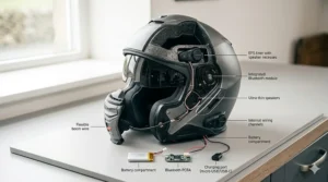 A 4K photorealistic technical photograph showcasing the internal construction of the matte grey modular helmet. The helmet is presented as a cut-away to reveal a dedicated recess within the EPS liner for the Bluetooth module, along with the internal speaker pockets and integrated wiring channels. The soft, natural light from a window in the background illuminates the complex components, including ultra-thin speakers, the central Bluetooth PCBA, a lithium-ion battery, and a charging port, neatly arranged with clear, legible etched labels. Sharp focus on all mechanisms.