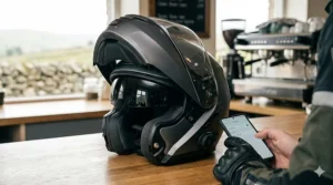 A 4K photorealistic close-up of the specific dark grey modular helmet from previous images, now with the full chin bar flipped completely up into its open-face configuration on the wooden counter of the UK biker cafe. The integrated dark smoke drop-down sun visor is partially lowered, and the internal mesh padding is visible. On the side, the specific Bluetooth control dial identified earlier is prominent. A gloved hand belonging to the rider in green/grey gear is next to it, interacting with a smartphone screen showing a simple pairing interface. Natural, soft light from the cafe windows illuminates the scene, which includes the dry-stone wall view and espresso machine from previous images in the softly blurred background. High-detail textures and hyper-detailed metallic finishes are visible.