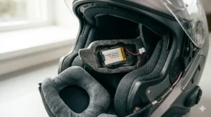 A 4K photorealistic close-up photograph looking into the neck roll of the dark grey modular helmet. Plush internal mesh padding is slightly pulled back to reveal a custom lithium-ion battery pack, similar to the one disassembled in image_6.png, securely seated and connected via a multi-pin connector within a dedicated, molded EPS liner recess. Soft, diffused daylight from the workshop window illuminates the fine textures of the fabric, battery label, and molded foam. Detailed view of the internal components.