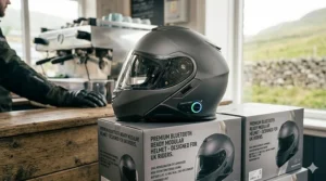 A 4K photorealistic photograph showcasing the fully assembled, dark grey modular helmet in full-face configuration, resting on the wooden counter of the UK biker café. On the helmet's profile, the specific integrated Bluetooth control dial is glowing with a pulsing, multi-colour LED halo. To the side, there is a neatly arranged stack of original product packaging, premium matte grey with metallic silver accents, designed for a UK audience. Prominent, sharp text on the packaging reads: 'PREMIUM BLUETOOTH READY MODULAR HELMET - DESIGNED FOR UK RIDERS' and lists key features: 'DUAL HOMOLOGATION (P/J APPROVED)', 'HIGH-DEFINITION STEREO SOUND', 'BATTERY LIFE: 12 HRS TALK / 300 HRS STANDBY', and 'WATERPROOF IP67'. A gloved hand belonging to the rider is visible in the background near the espresso machine. Natural light from the café windows illuminates the high-detail textures and sharp text.
