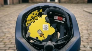 Illustration of 15 aerodynamic vents on a budget-friendly helmet designed to keep riders cool during summer commutes.