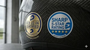 A side-by-side graphic showing the official ECE 22.06 certification decal and the SHARP 5-star safety logo, highlighting the dual benchmarks for UK rider protection.