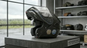 A supporting illustration of a modular or flip-front helmet being tested for chin bar integrity, demonstrating ECE 22.06 compliance and SHARP safety performance.