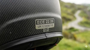 Technical illustration showing the ECE 22.06 safety rating sticker on a Sena integrated bluetooth helmet.