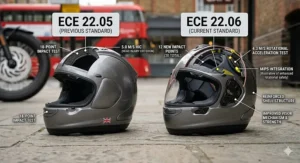 Comparison chart of ECE 22.05 and the newer ECE 22.06 safety standards, highlighting increased impact testing points.