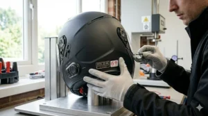 A technician in white gloves inspecting a black Bluetooth helmet on a test rig, highlighting the official ECE 22.06 and UKCA safety standard labels on the back.